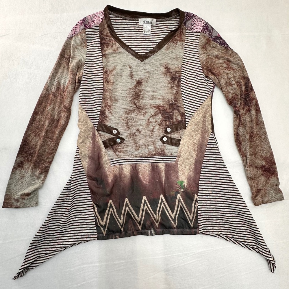 Ania‎ A Womens XL Mixed Media Tunic Top Boho Sharkbite Hem Brown Purple Striped